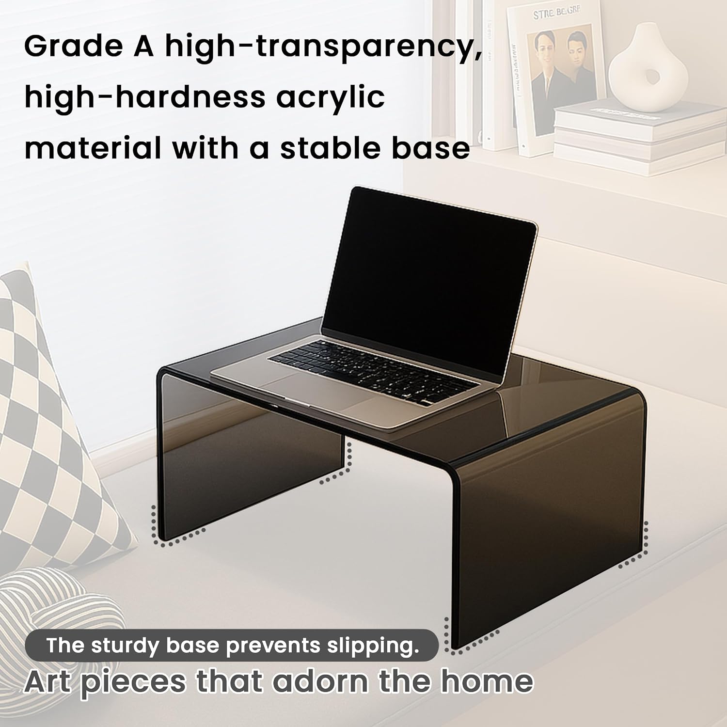 Gray Acrylic Compact Accent Table – Modern Multipurpose Small Side Table or End Stand for Apartment Living, Bedrooms and Reading Corners – Waterfall Design, No Assembly, 15.7"×11.8"×11.8"