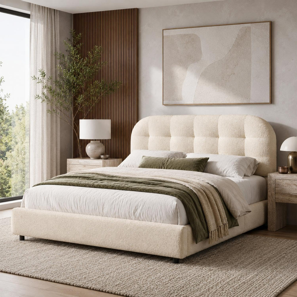 BarnFurin Full Bed Frame with Soft Curved Boucle Headboard, Cream