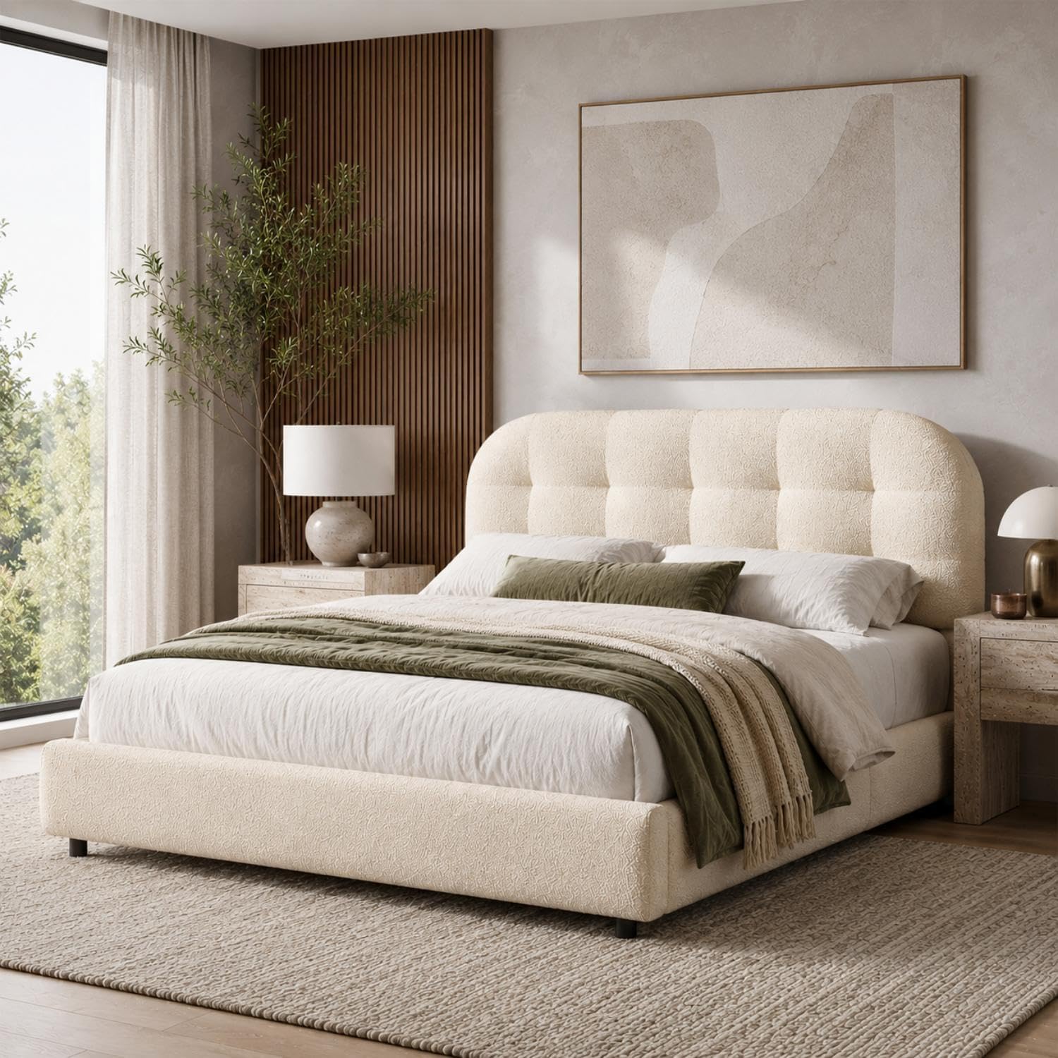 BarnFurin Full Bed Frame with Soft Curved Boucle Headboard, Cream
