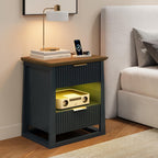 HIFYOBRO Fluted End Table with Charging Station and Motion Sensor Light, Modern Blue Side Table with 2 Drawers and Storage Shelf for Living Room, Bedroom, Guest Room