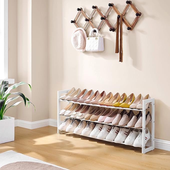 FAVOOSTY 3-Tier Expandable Shoe Rack, Adjustable Shoe Shelf Storage Organizer Space Saving Metal Free Standing Shoe Rack for Entryway Closet Doorway, White