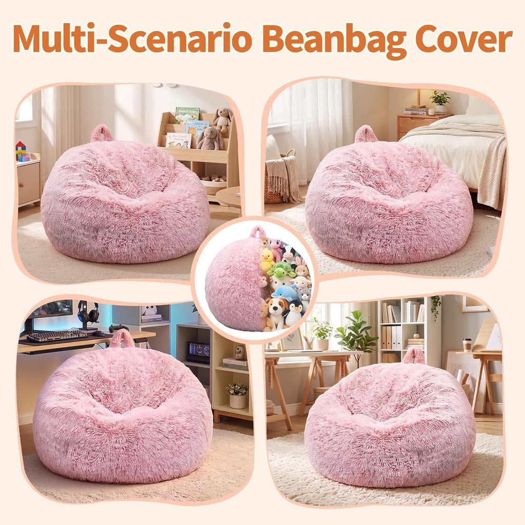 Stuffed Animal Storage Bean Bag Chair Cover, Soft Bean Bag Cover | Fluffy Faux Fur Stuffed Animal Storage Chair, Non-Slip Bottom, Fill with Plush Toys or Blankets, for Kids Teens Adults Girls