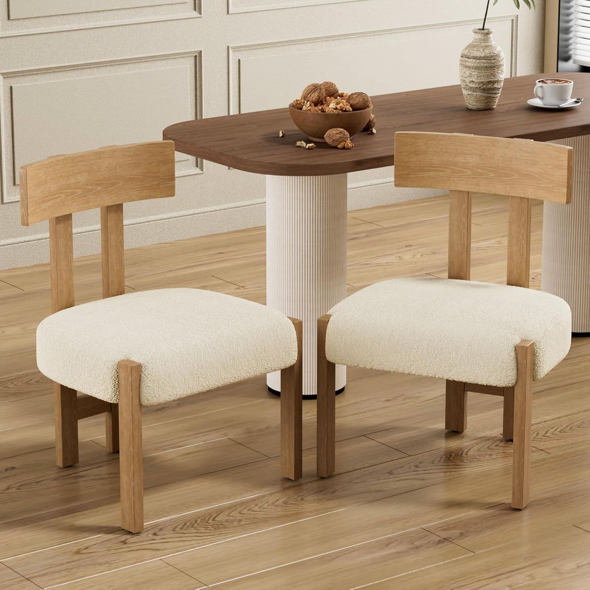 Okeysen Set of 4 Mid-Century Modern Dining Chair, Armless Round Boucle Upholstered Kitchen Chairs with Wooden Legs and Back, Farmhouse Dining Room Accent Chairs, White
