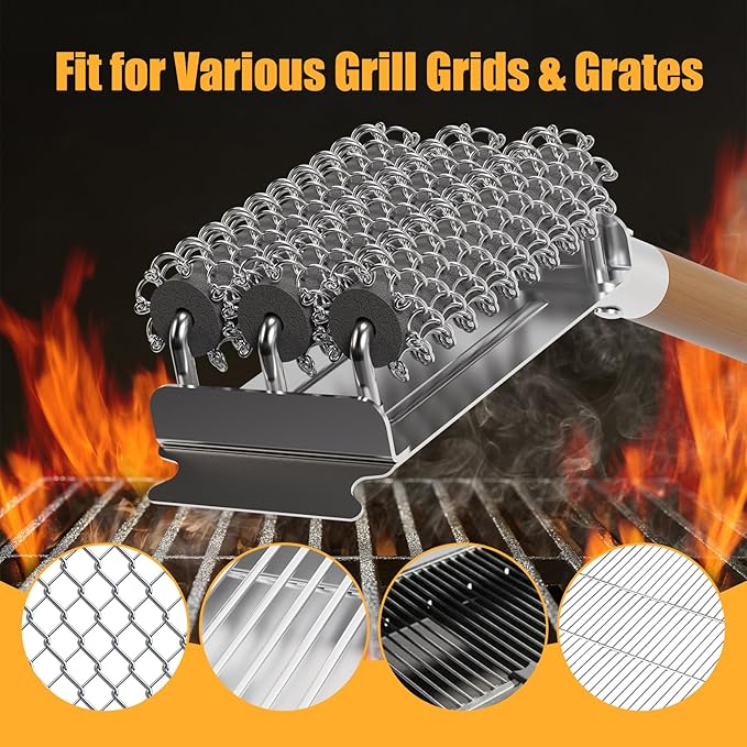 Replacement Brush Head for Bristle Free Grill Brush–304 Stainless Steel Mesh+Safe Silicone Sponge Spinning Design Full-Angle Clean, Sturdy/Heat Resistant, Compatible with HOUSE AGAIN Grill Clean-3pcs