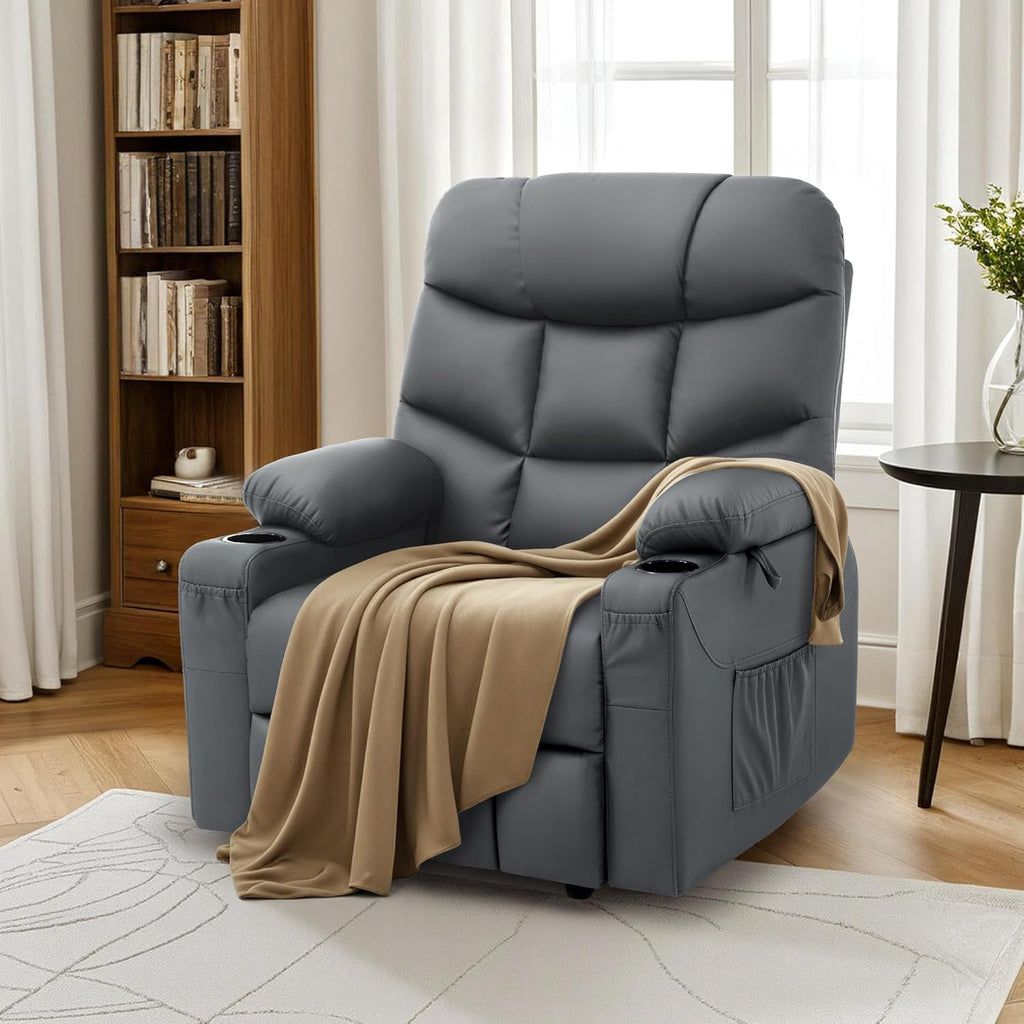 MCombo Power Lift Recliner Chair for Elderly, for Mom, Electric Lift Chair with Extended Footrest, USB Ports, Cup Holders, Faux Leather 7287 (Dark Grey, Medium)