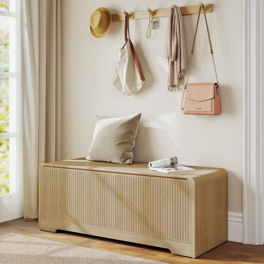 Storage Chest, 47.2" Large Entryway Bench with Storage, Wooden Storage Chest for Bedroom w/Lift Top, Modern Blanket Chest with 2 Safety Hinges for Entryway Living Room Hallway, Natural