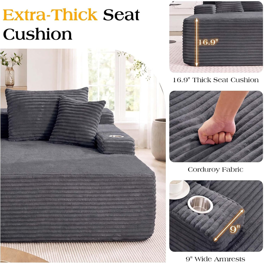 85'' Loveseat Chaise Lounge Chair, Oversized Double Couch | Deep Seat Sofa Bed Sleeper Couch, Reading Chairs Cloud Sofas for Living Room, Bedroom, No Assembly, Corduroy Dark Gray