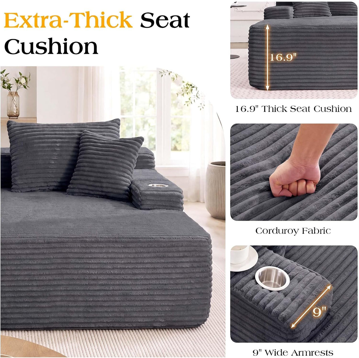 85'' Loveseat Chaise Lounge Chair, Oversized Double Couch | Deep Seat Sofa Bed Sleeper Couch, Reading Chairs Cloud Sofas for Living Room, Bedroom, No Assembly, Corduroy Dark Gray