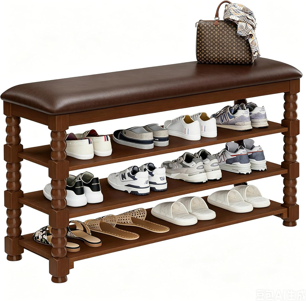 Homleke Solid Wood Shoe Storage Bench with Cushion,Classic Turned Ball Legs | 3-Tier Tall Entryway Bench with Leather Seat, Holds Up to 12 Pairs, for Hallway and Bedroom, Walnut, 39.4 Inch