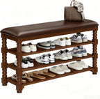 Homleke Solid Wood Shoe Storage Bench with Cushion,Classic Turned Ball Legs | 3-Tier Tall Entryway Bench with Leather Seat, Holds Up to 12 Pairs, for Hallway and Bedroom, Walnut, 39.4 Inch