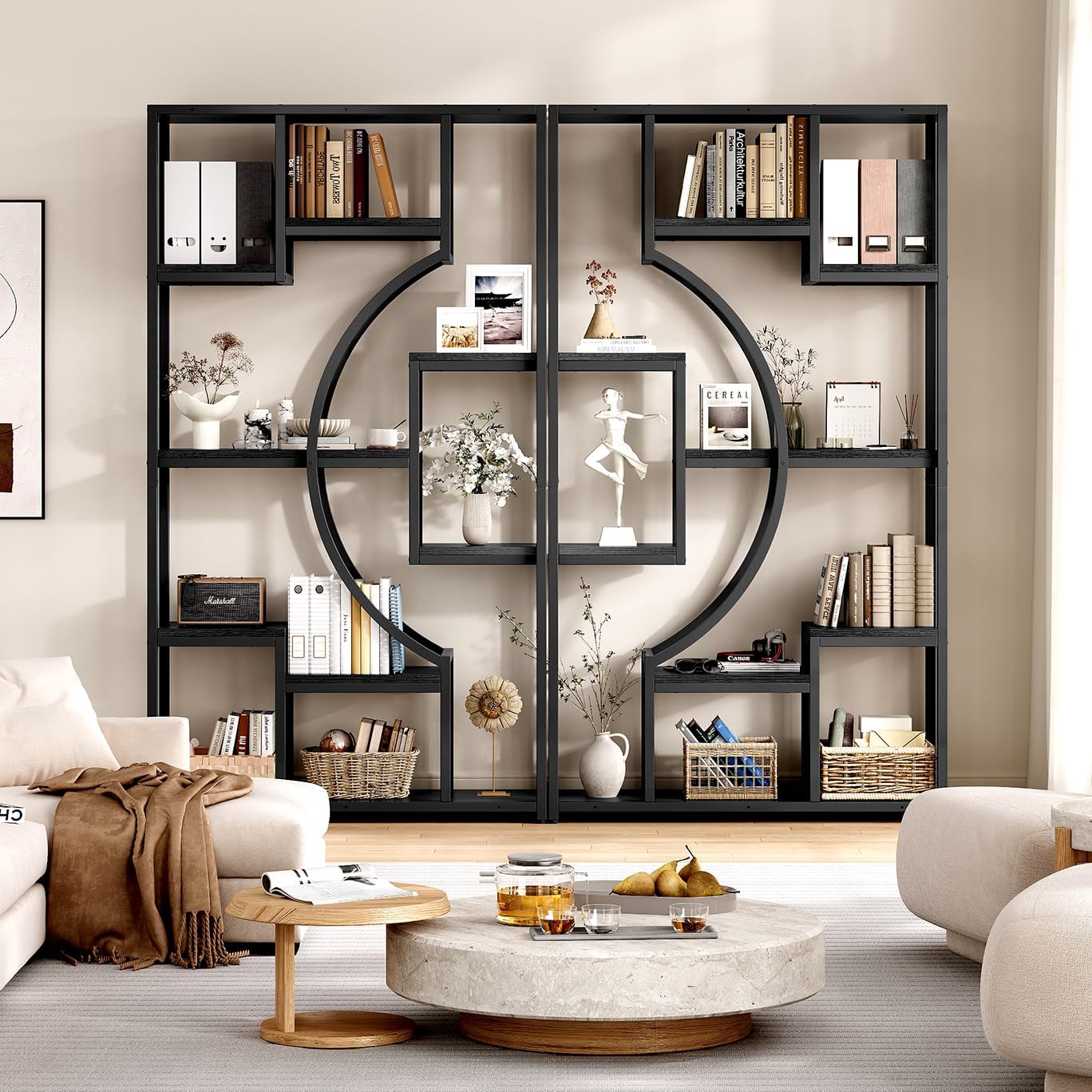 LGHM Bookshelf Set of 2 with Metal Frame, 5 Tier Geometric Bookcase, Adjustable Modern Book Shelf with 18 Open Storage Shelves, Display Shelf for Living Room, Office, Bedroom,Black