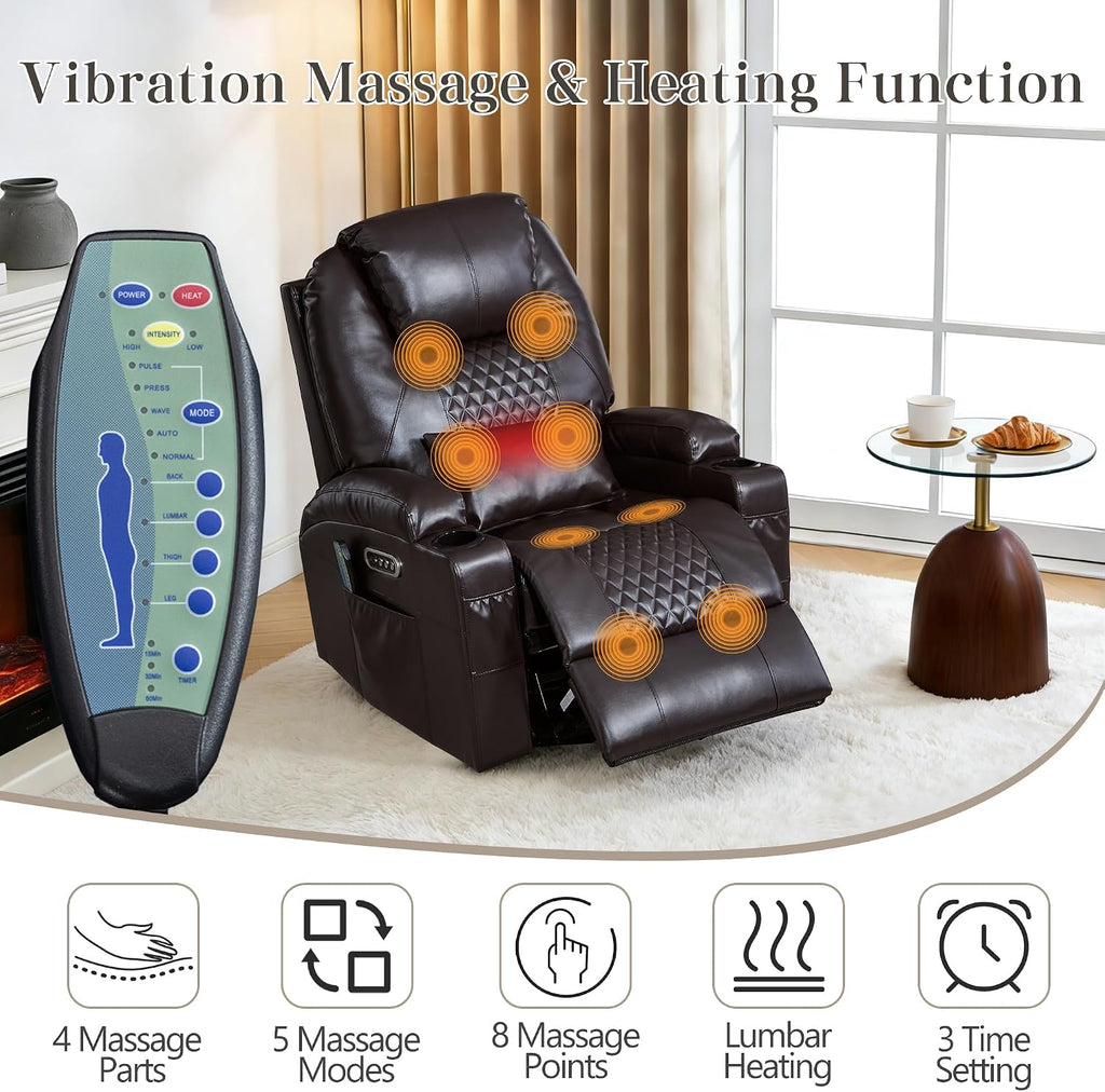 AHMED Dual Motor Power Swivel Rocker Recliner Chair, Faux Leather, Brown | Electric Glider Rocking Chair, Massage & Heat, Cup Holders, LED Lights, USB A/USB C Ports