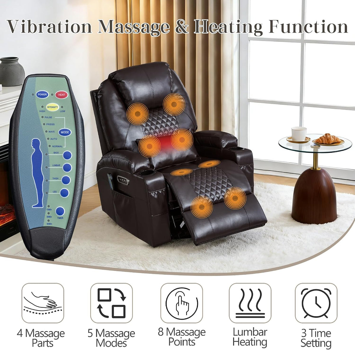 AHMED Dual Motor Power Swivel Rocker Recliner Chair, Faux Leather, Brown | Electric Glider Rocking Chair, Massage & Heat, Cup Holders, LED Lights, USB A/USB C Ports