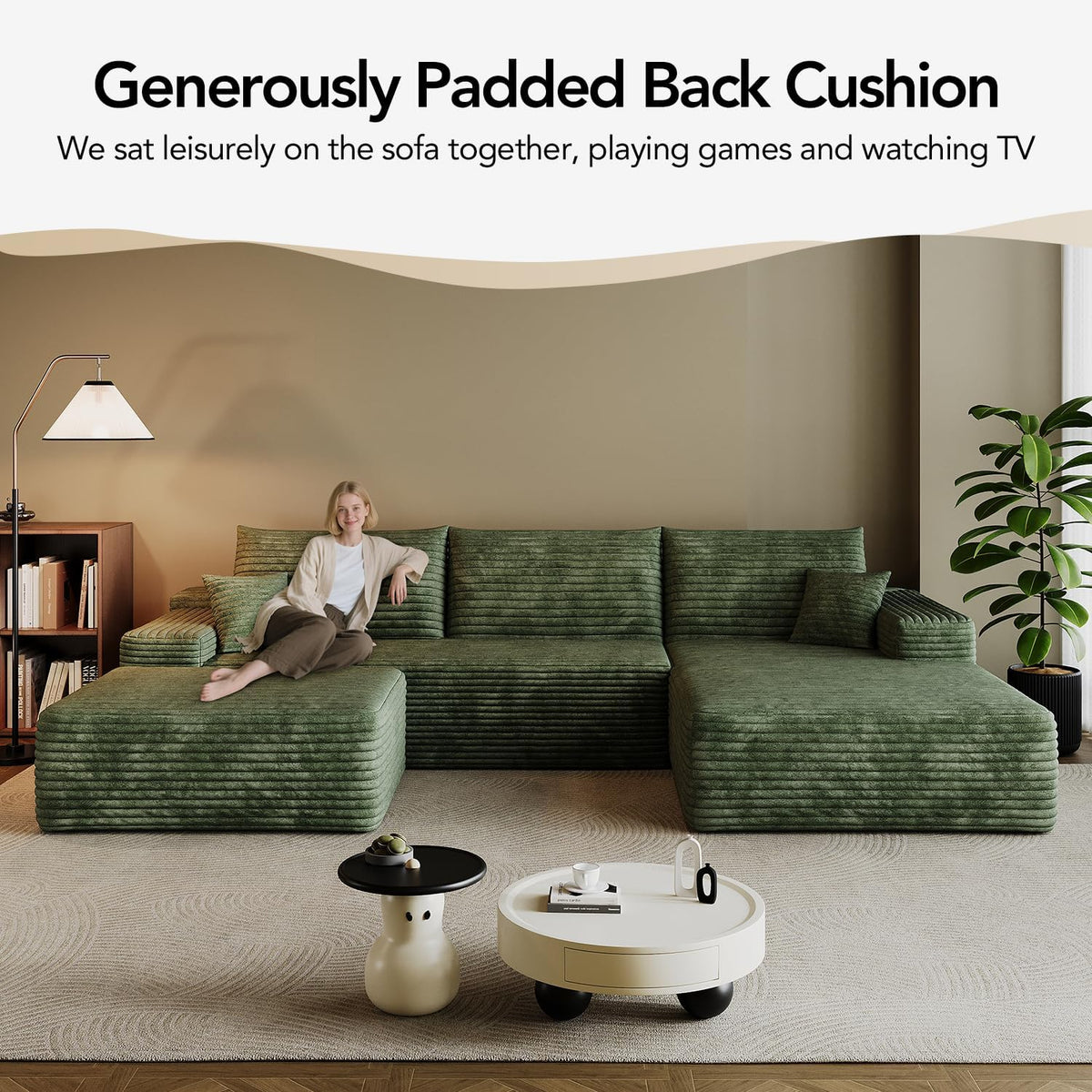 107.7" Sectional Couch Modern Modular U - Shape Corduroy Upholstered Sofa for Living Room - Deep Seat with Chaise and Ottoman(Green, 2 Seater+Right Facing Chaise+Ottoman)