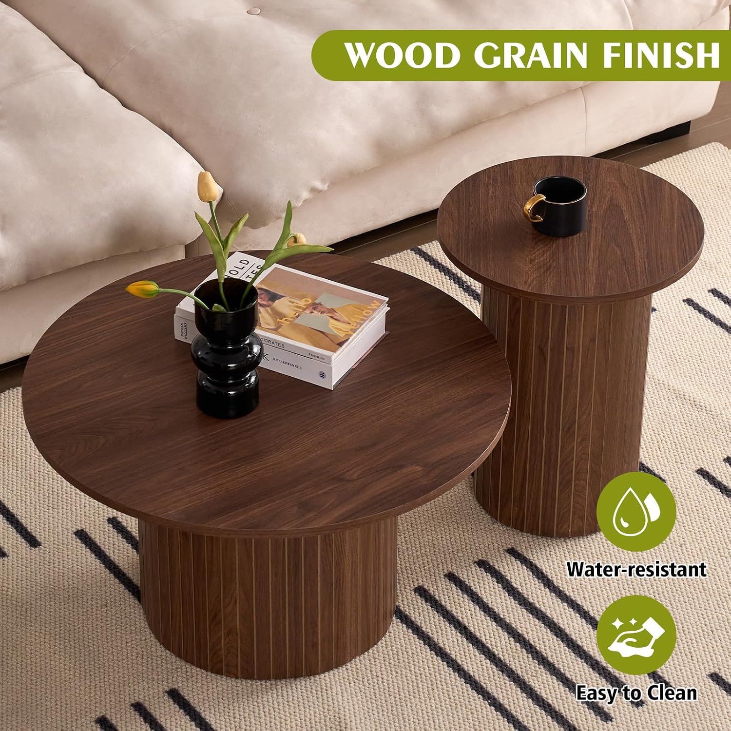 Round Nesting Coffee Table Set of 2 for Small Spaces | Modern style, suitable for living rooms, wooden