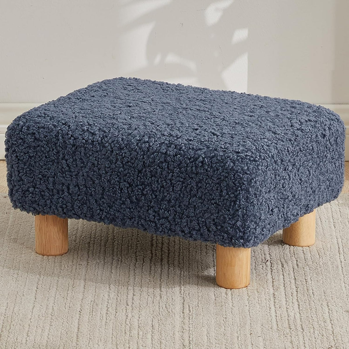 Small Foot Stool Ottoman, Sherpa Footstool Ottoman Foot Rest for Couch, Rectangle Footstools and Ottomans Small for Living Room, Entryway and Bedroom (Navy Blue)