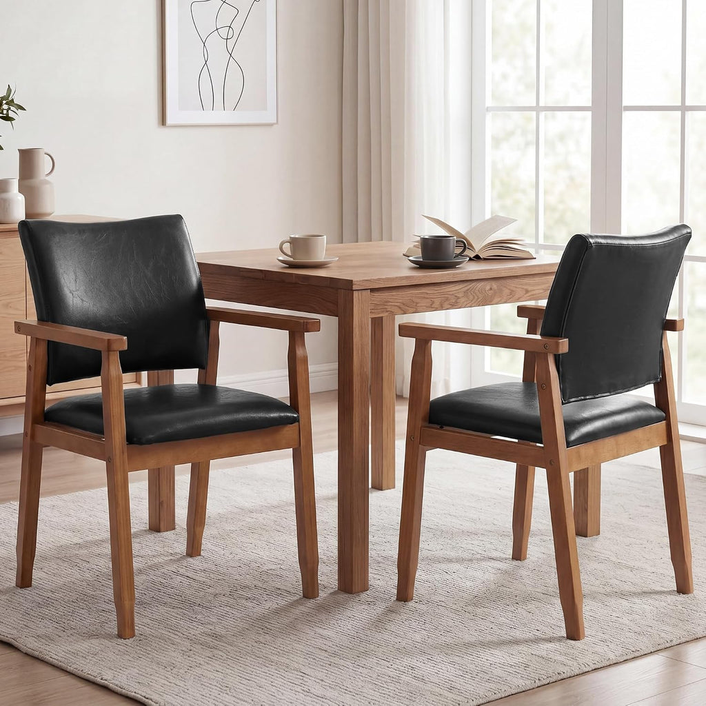 GOTMINSI Mid-Century Modern PU Leather Dining Chair with Arms, Solid Wood Frame, 320 lbs Weight Capacity, Upholstered Accent Chair for Kitchen Dining Room Living Room (Black,1pcs)