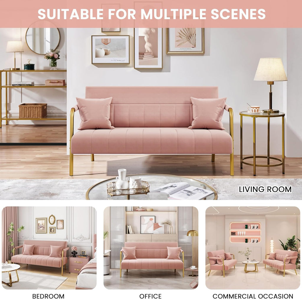 Yaheetech 56.5" Smal Sofa 2 Seater Couch with Gold-Tone Legs, Pink | Small Sofa Loveseat Velve 2 Seater Couch with Tufted Back Gold Metal Frame 2 Pillows for Office, Studio,Living Room