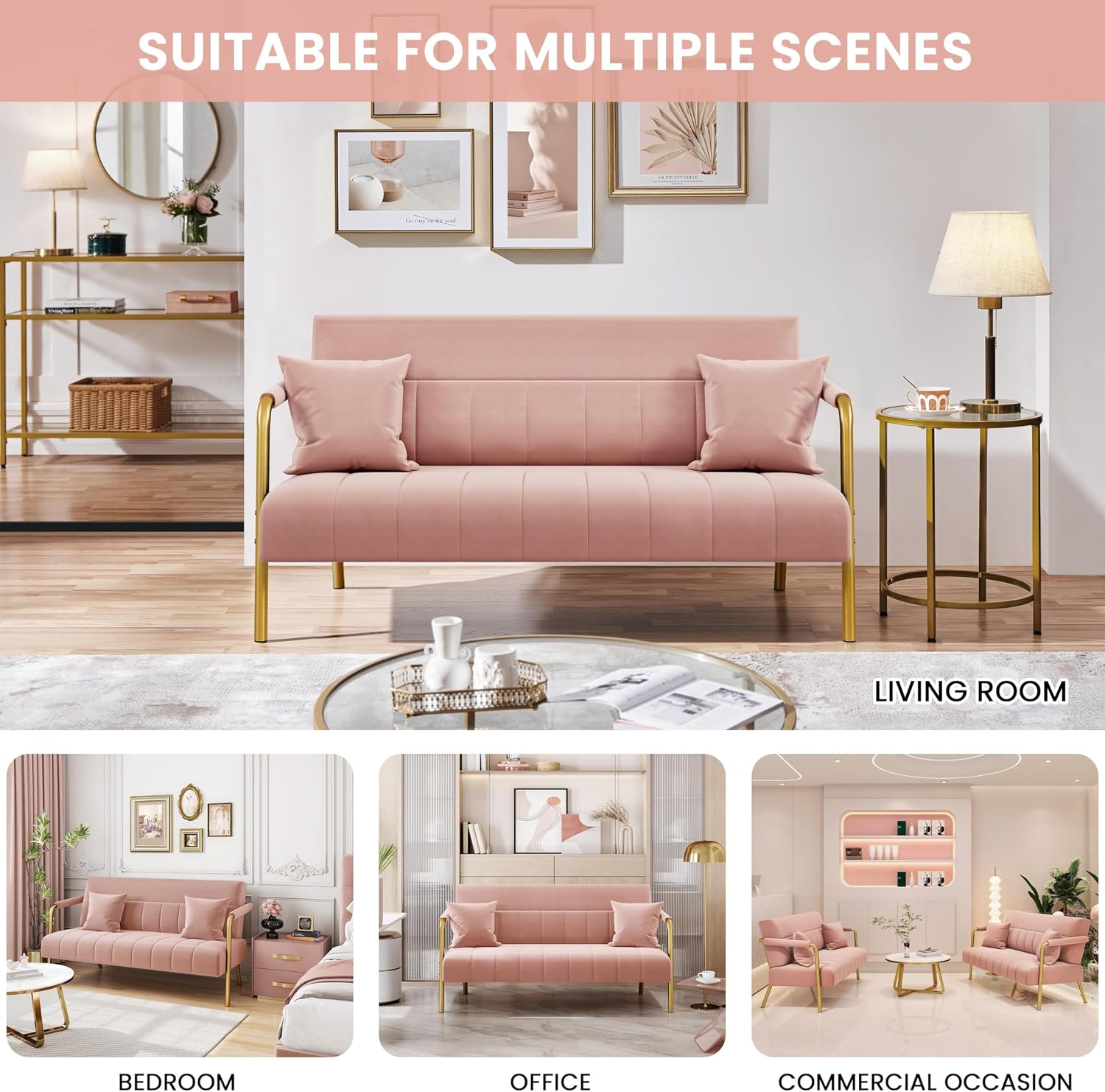 Yaheetech 56.5" Smal Sofa 2 Seater Couch with Gold-Tone Legs, Pink | Small Sofa Loveseat Velve 2 Seater Couch with Tufted Back Gold Metal Frame 2 Pillows for Office, Studio,Living Room