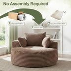 55''Oversized Round Chair Lounge Chaise Indoor, Modern Upholstered Corduroy Cloud Circle Chair with Deep Seat, Comfy Fluffy Sleeper Sofa for Living Room Bedroom No Assembly Required (Brown)