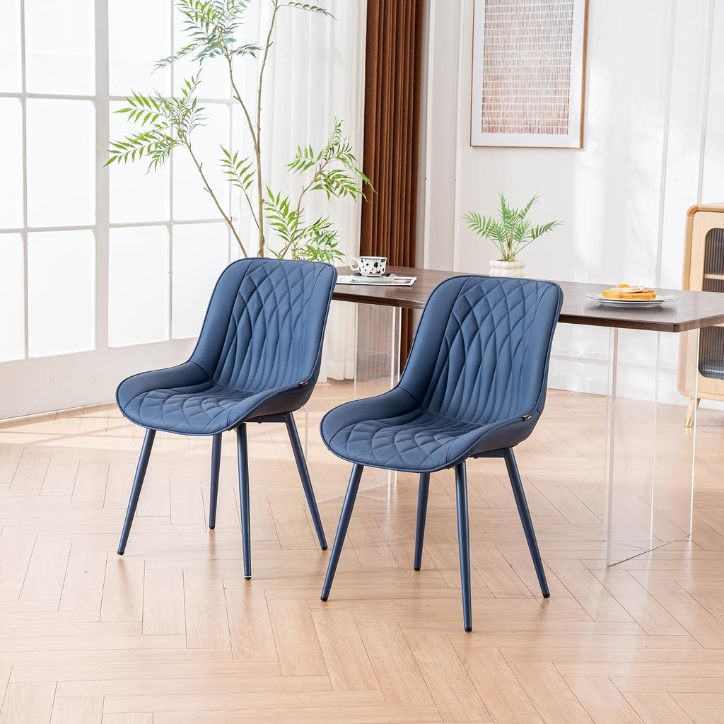 YOUNIKE Faux Leather Dining Chairs Set of 2 Mid-Century Modern High Padded Back Comfy Upholstered Kitchen Chairs with Metal Legs Wide Seat Accent Side Chair for Dining/Living/Waiting Room Navy Blue