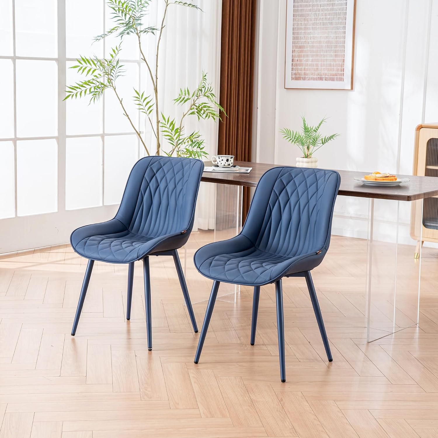 YOUNIKE Faux Leather Dining Chairs Set of 2 Mid-Century Modern High Padded Back Comfy Upholstered Kitchen Chairs with Metal Legs Wide Seat Accent Side Chair for Dining/Living/Waiting Room Navy Blue
