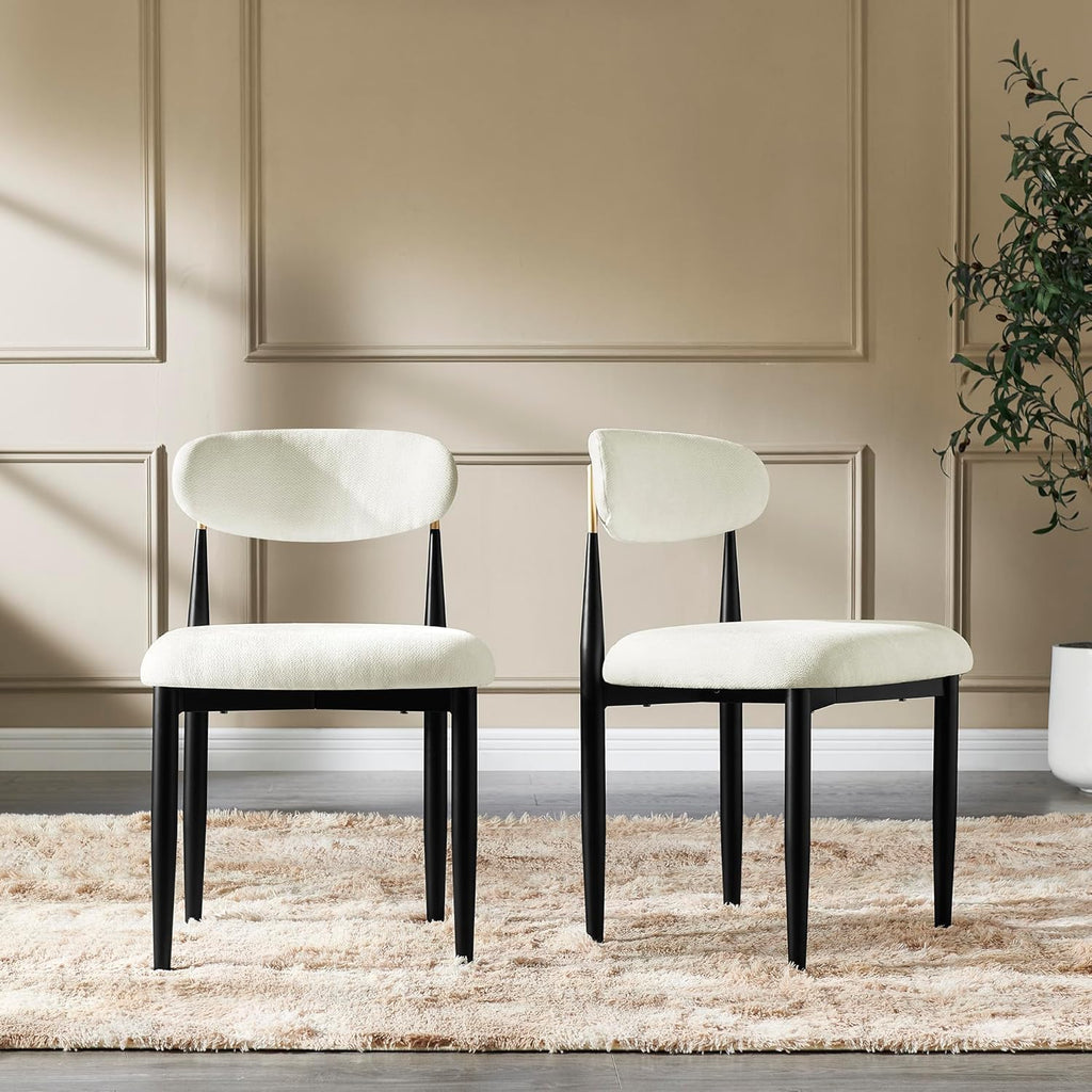 Morden Fort White Set of 2 Armless Upholstered Chenille Dining Chairs with Black Metal Legs and Gold Accent Back