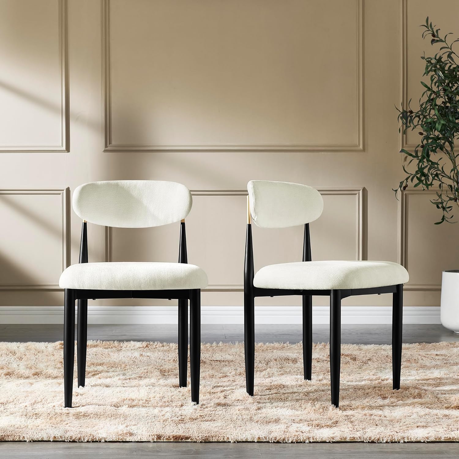 Morden Fort White Set of 2 Armless Upholstered Chenille Dining Chairs with Black Metal Legs and Gold Accent Back