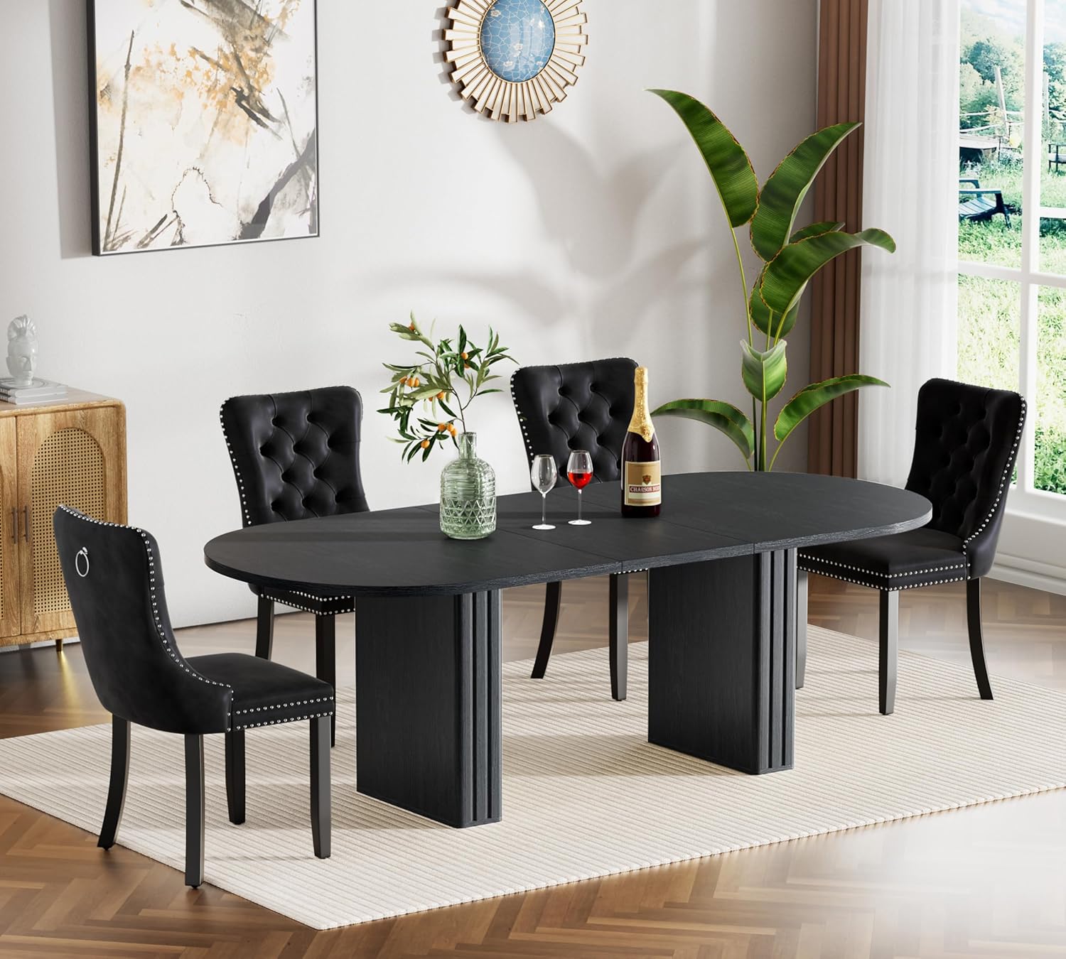 Extendable Dining Table Set of 4, Black Oval Dining Room Table & 4 Black Velvet Dining Chairs with Wood Leg, 62.99"-78.74" Kitchen Table and Chairs Set, Modern 5 Piece Dining Set