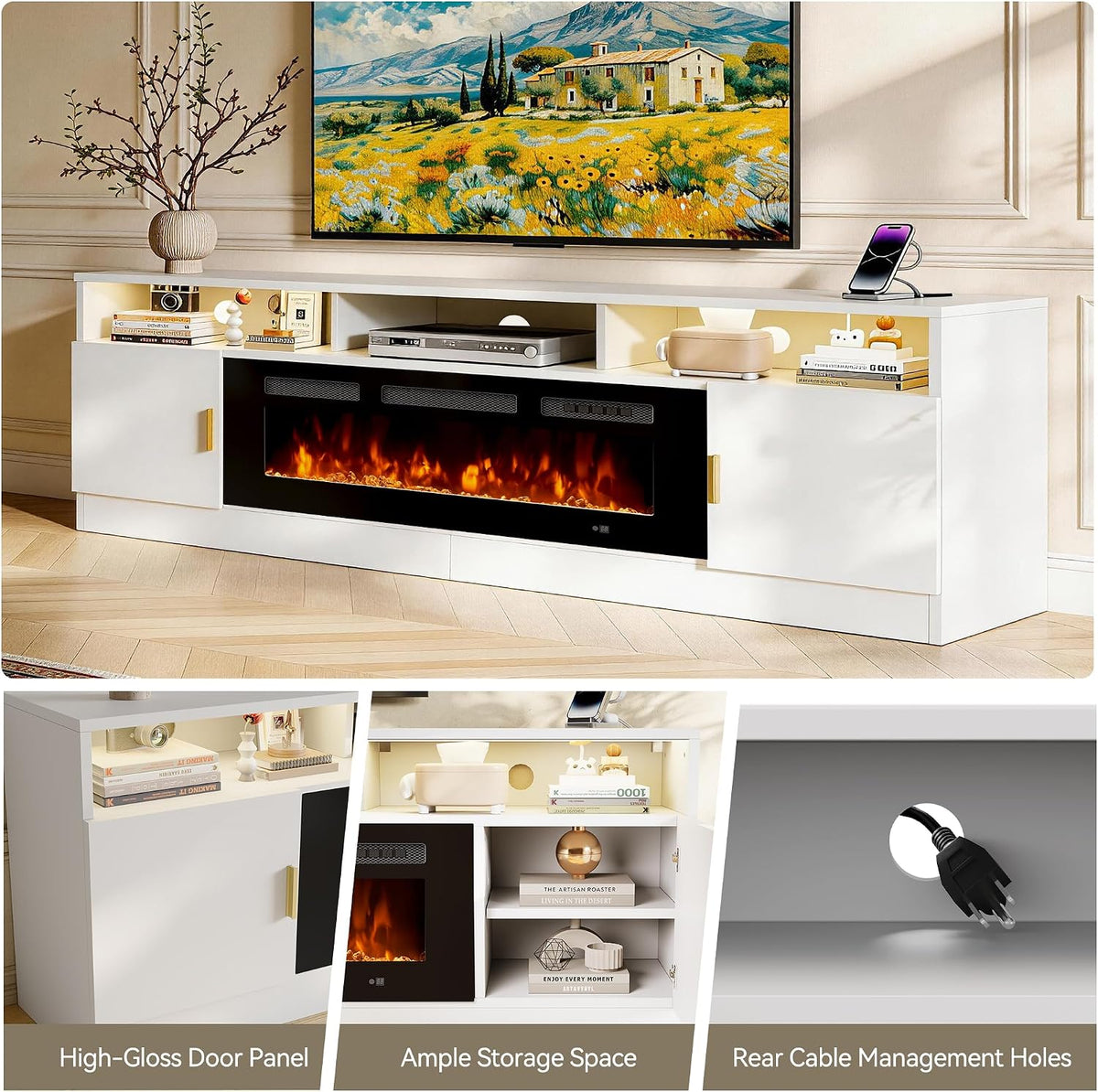 80" Fireplace TV Stand with Power Outlet, Electric Fireplace Entertainment Center with Storage Cabinets, Fits TVs up to 90", TV Console with LED Lights for Living Room, Office, White-Black