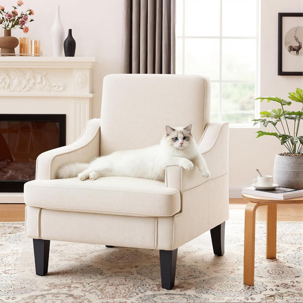 Accent Chair for Living Room,Mid-Century Arm Chair Fabric Living Room Chairs,Upholstered Reading Chair for Bedroom,Single Sofa Chair with Wood Legs for Apartment (Beige)