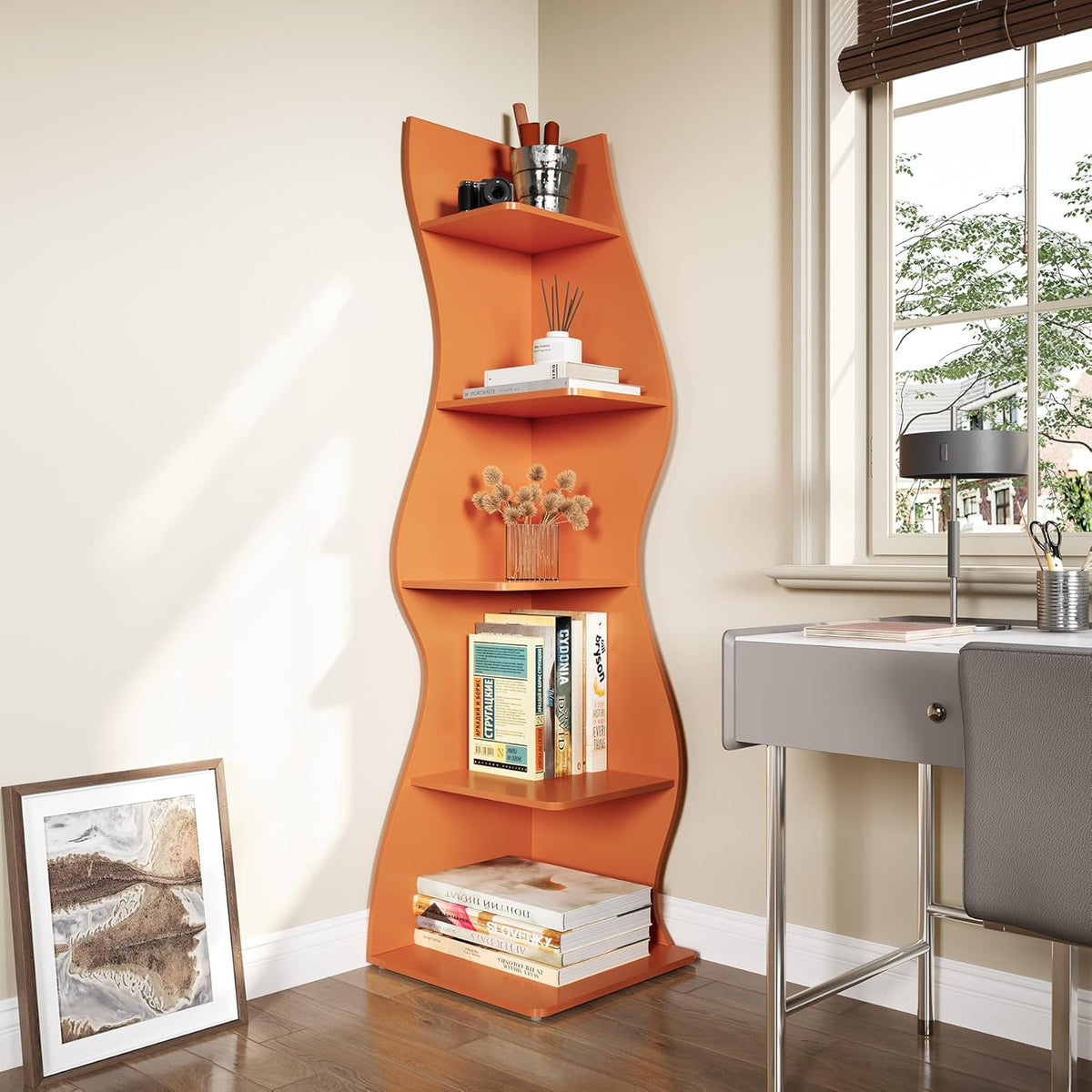 LITTLE TREE Small Corner Shelf, Modern 5-Tier Wall Corner Bookshelf, Stylish Bookcase Storage Rack for Small Space, Living Room, Bedroom