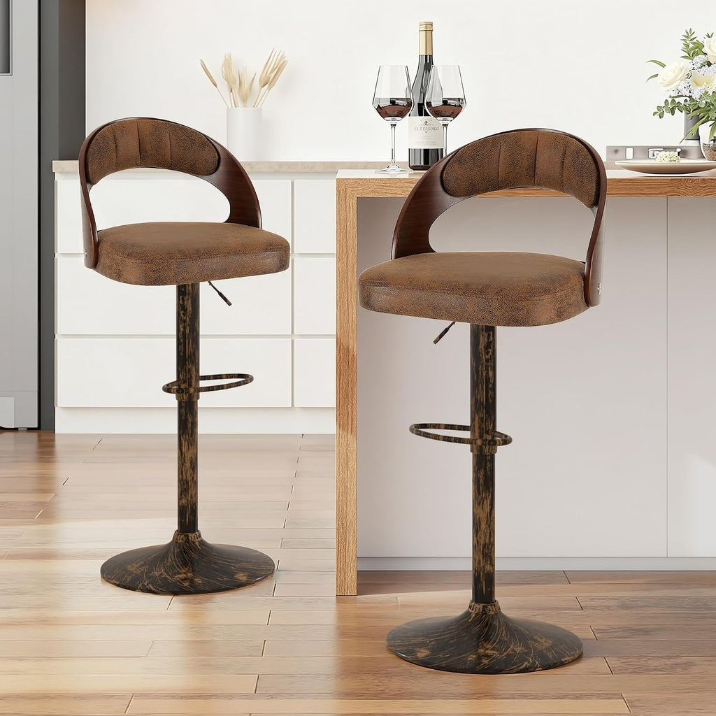 VECELO Bar Stool Set of 2,Kitchen Island Stools with Bentwood Back,Arm&Footrest,360°Swivel Counter Height Stools,PU Leather Cushion Seat Adjustable Height for Club Pub&Kitchen,Dark Brown