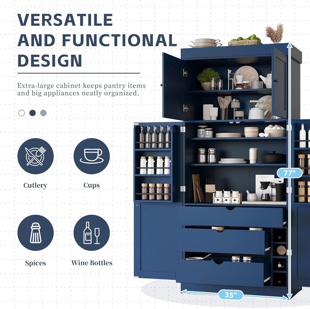 Merax 77'' Tall Freestanding Kitchen Pantry, 35''Lx17.7''W Modern Shaker Style Cupboard Storage Cabinet with Adjustable Shelves,Door Shelves, Drawers and Wine Racks, Blue