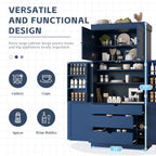 Merax 77''Tall Freestanding Kitchen Pantry,Farmhouse Tall Storage Cabinet with 2 Standard Plugs and 2 USB Ports,Wood Food Pantry with Adjustable Shelves,Door Shelves, Drawers and Wine Racks,Blue