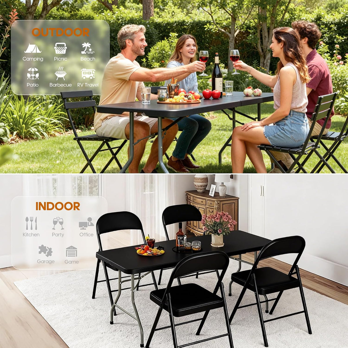 6ft Folding Table Heavy Duty 350 LBS Capacity Foldable Table with 18% Thicker HDPE Waterproof Top & Reinforced Steel Frame, Portable Fold-in-Half Table for Outdoor Indoor Party Wedding Camping