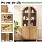 Fkhouse 71" Tall Arched Pantry Cabinet, Kitchen Pantry with Glass Doors & Fluted Doors, Wood Storage Cabinet with Adjustable Shelf, Versatile Cupboard for Kitchen, Living Room, Natural