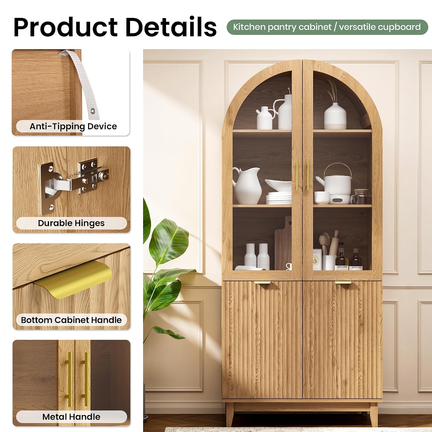 Fkhouse 71" Tall Arched Pantry Cabinet, Kitchen Pantry with Glass Doors & Fluted Doors, Wood Storage Cabinet with Adjustable Shelf, Versatile Cupboard for Kitchen, Living Room, Natural