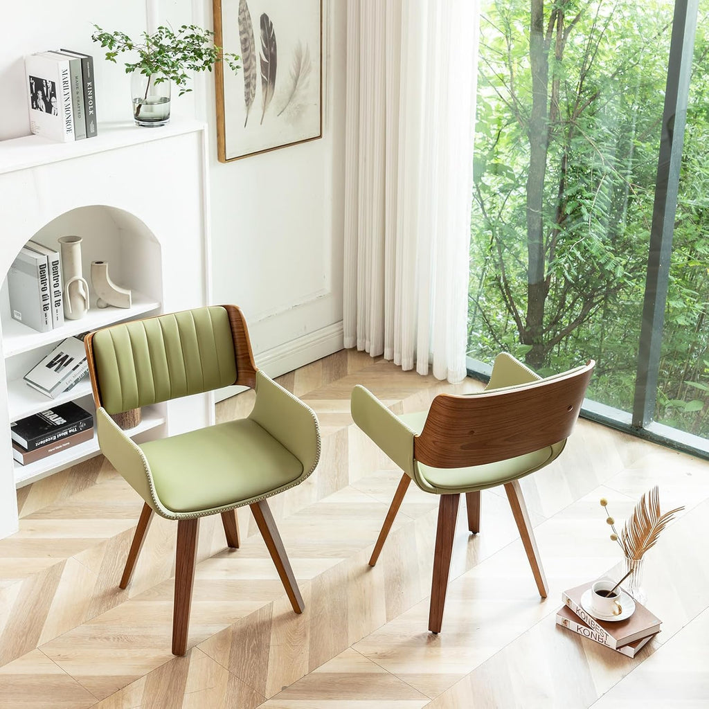 LUNLING Swivel Accent Faux Leather Dining Chairs, Mid Century Modern Chairs with Wooden Legs/Armrest/Upholstered Seat/Adjustable Foots for Kitchen Dining Room Desk Chairs,Green,1PCS