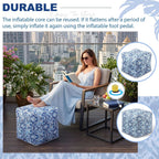Juexica 2 Pack Inflatable Outdoor Ottoman Pouf Waterproof Cube 16" Square Blow up Ottoman Footrest with Handle Outdoor Portable Footstool for Patio Garden Camping or Home Pool(Diamond Stripes,Blue)