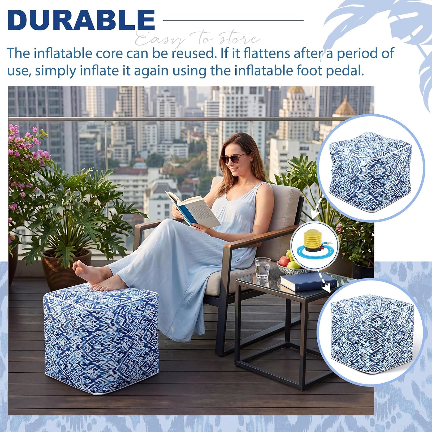 Juexica 2 Pack Inflatable Outdoor Ottoman Pouf Waterproof Cube 16" Square Blow up Ottoman Footrest with Handle Outdoor Portable Footstool for Patio Garden Camping or Home Pool(Diamond Stripes,Blue)