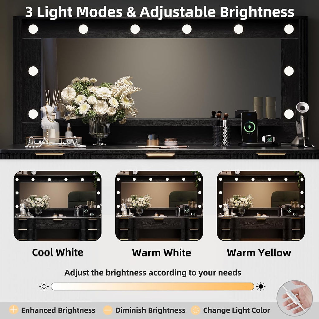 Fluted Makeup Vanity Desk with Large 39.3" Mirror and Lights, 48.8" Wood Vanity, Large Vanity Dressing Table, Modern Wooden Vanity Table for Women and Girls, Bedroom or Dorm (Inky Black)