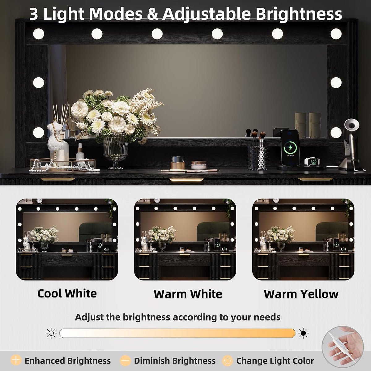 Fluted Makeup Vanity Desk with Large 39.3" Mirror and Lights, 48.8" Wood Vanity, Large Vanity Dressing Table, Modern Wooden Vanity Table for Women and Girls, Bedroom or Dorm (Inky Black)
