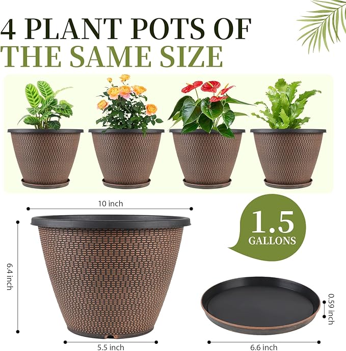4 Pack 10 inch Plant Pot for Outdoor Indoor, Plastic Flower Pots with Drainage Holes & Saucers, Lightweight Large Outdoor Planter Pot, Imitation Knit Pots for Garden House Planters (Black Copper)
