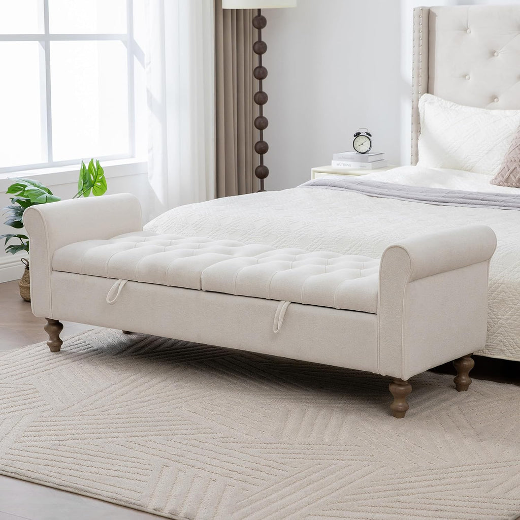 66" End of Bed Storage Bench King Size Beige,Napped Fabric Window Bench with Dual-Opening Compartments,Long Tufted Storage Bench Living Room,Bedroom,Entryway
