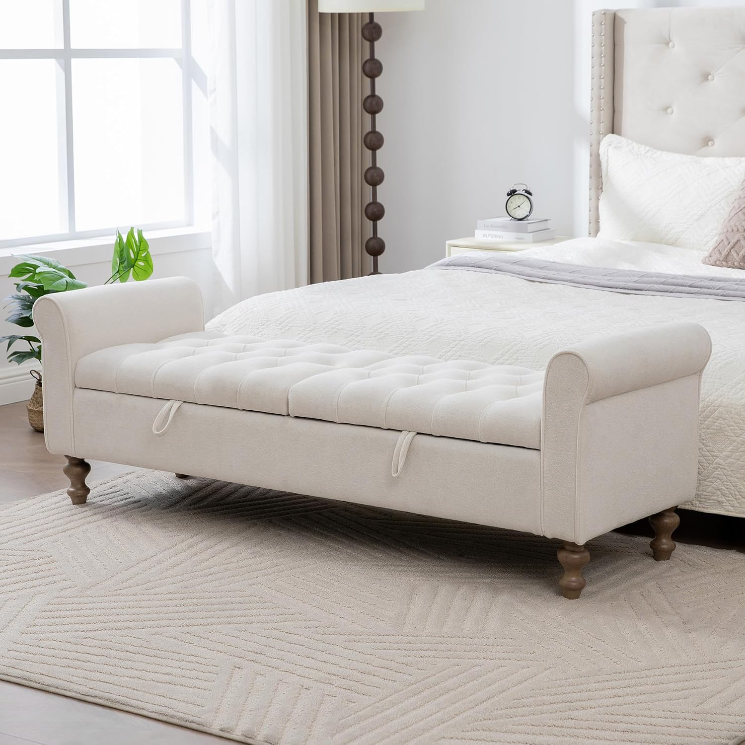 66" End of Bed Storage Bench King Size Beige,Napped Fabric Window Bench with Dual-Opening Compartments,Long Tufted Storage Bench Living Room,Bedroom,Entryway