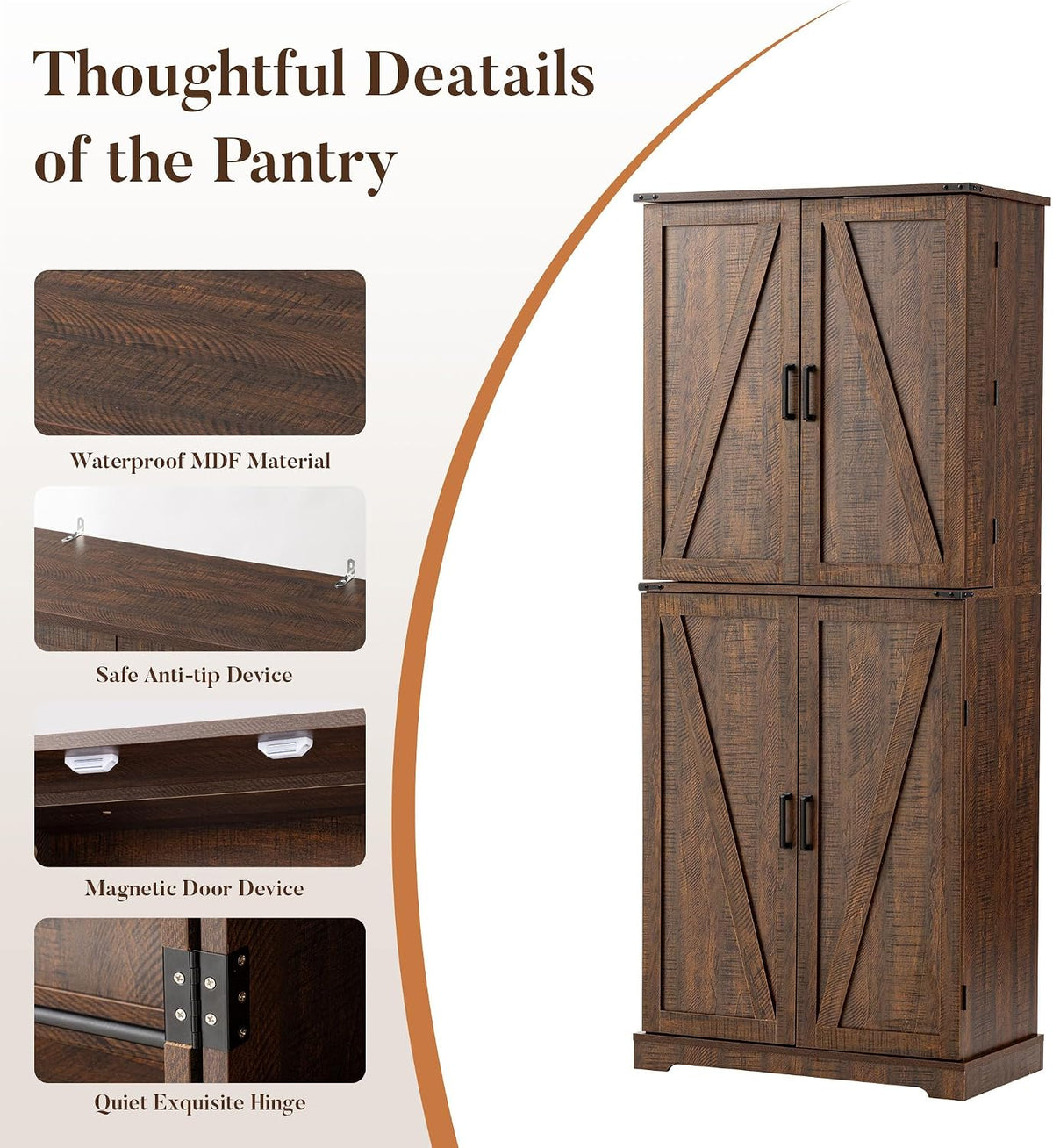 HOMPUS 71" Tall Kitchen Pantry Cabinet with Doors and Drawer, Farmhouse Storage Cabinet with Adjustable Shelves, Rustic Wood Cupboard for Kitchen, Dining Room, Living Room, Bathroom, Rustic Brown