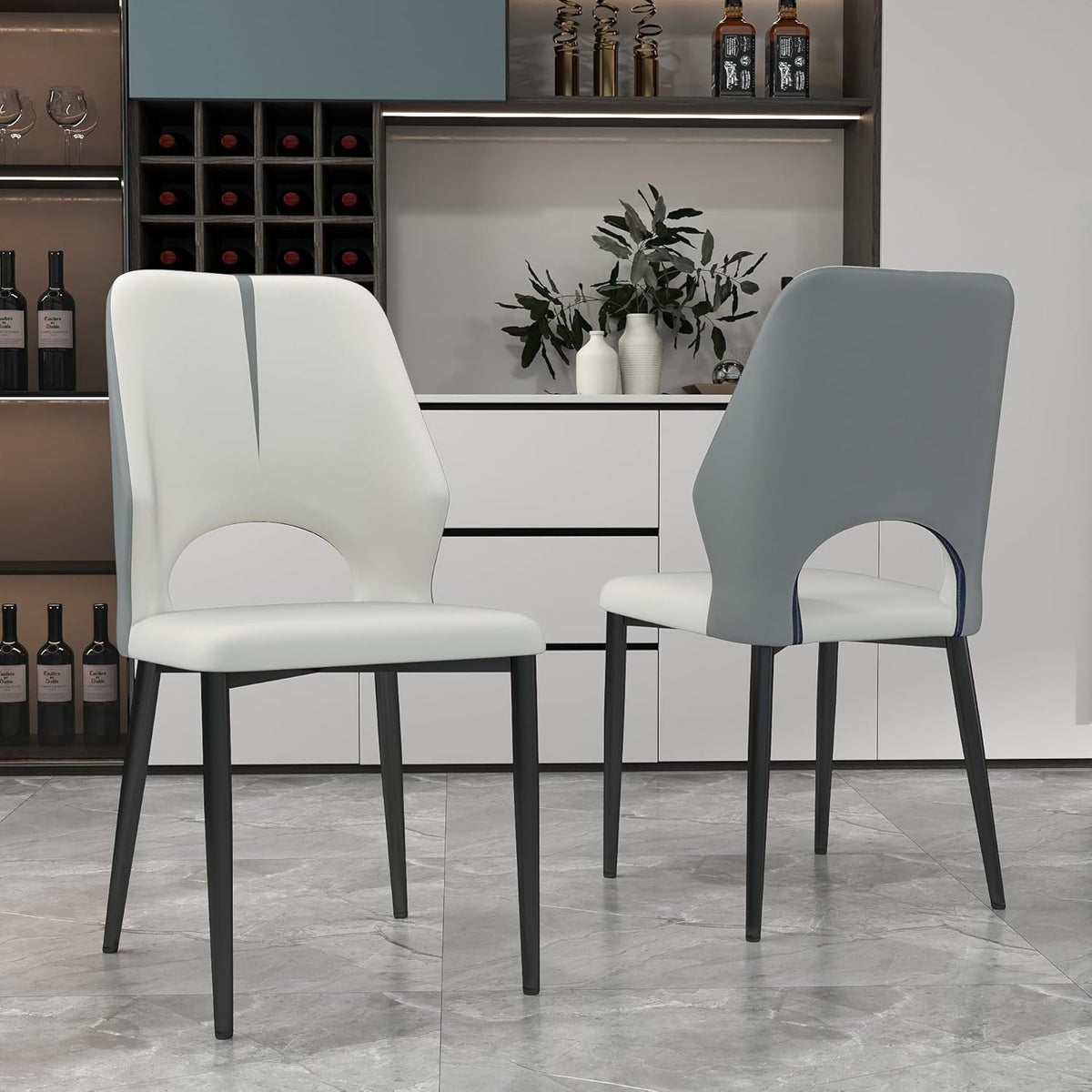 Upholstered Dining Chairs Set of 2, Modern PU Leather Dining Room Kitchen Side Chair with Padded Seat and Metal Legs Restaurant/Cafe,Light Grey