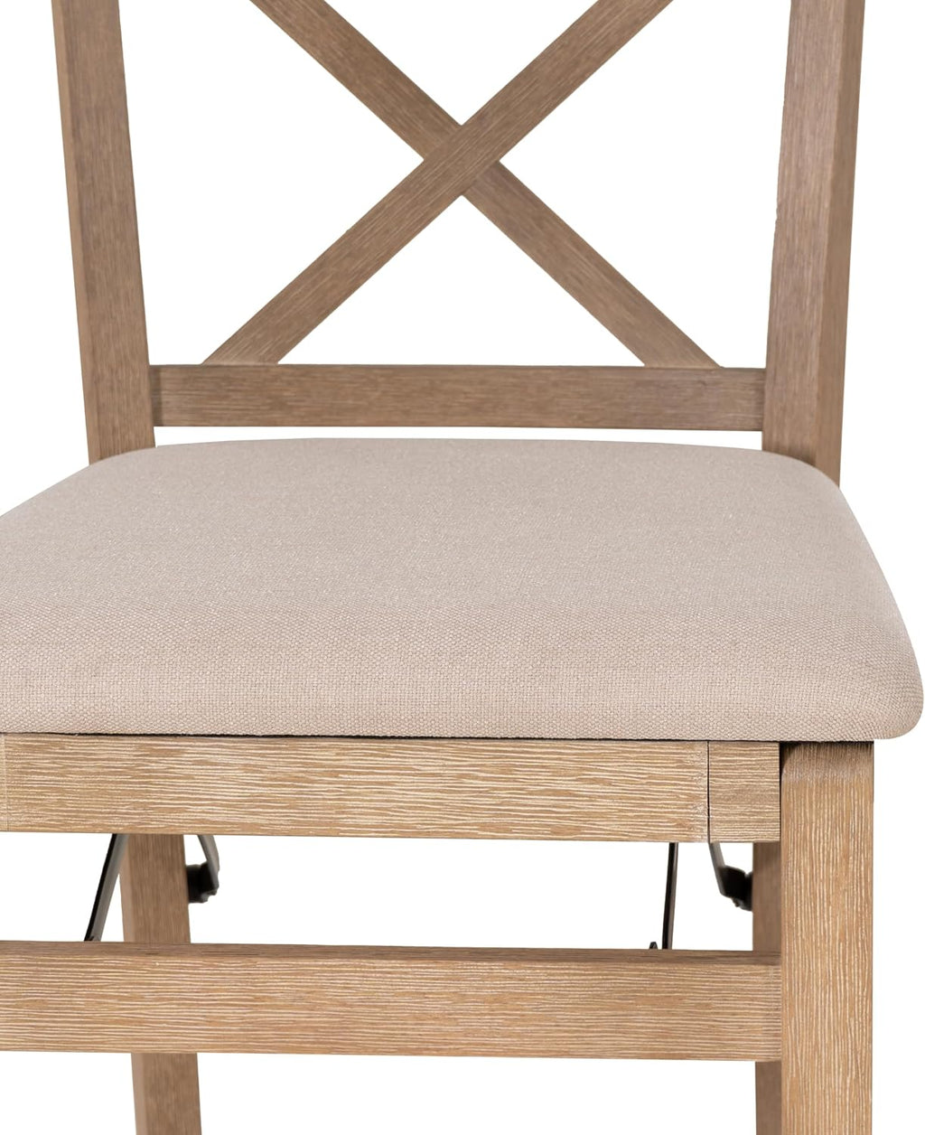 Linon Triena X Back Neutral Greywash Wooden Fully Assembled Folding 24 Inch Seat Height Counter Stool with Beige Upholstered Seat