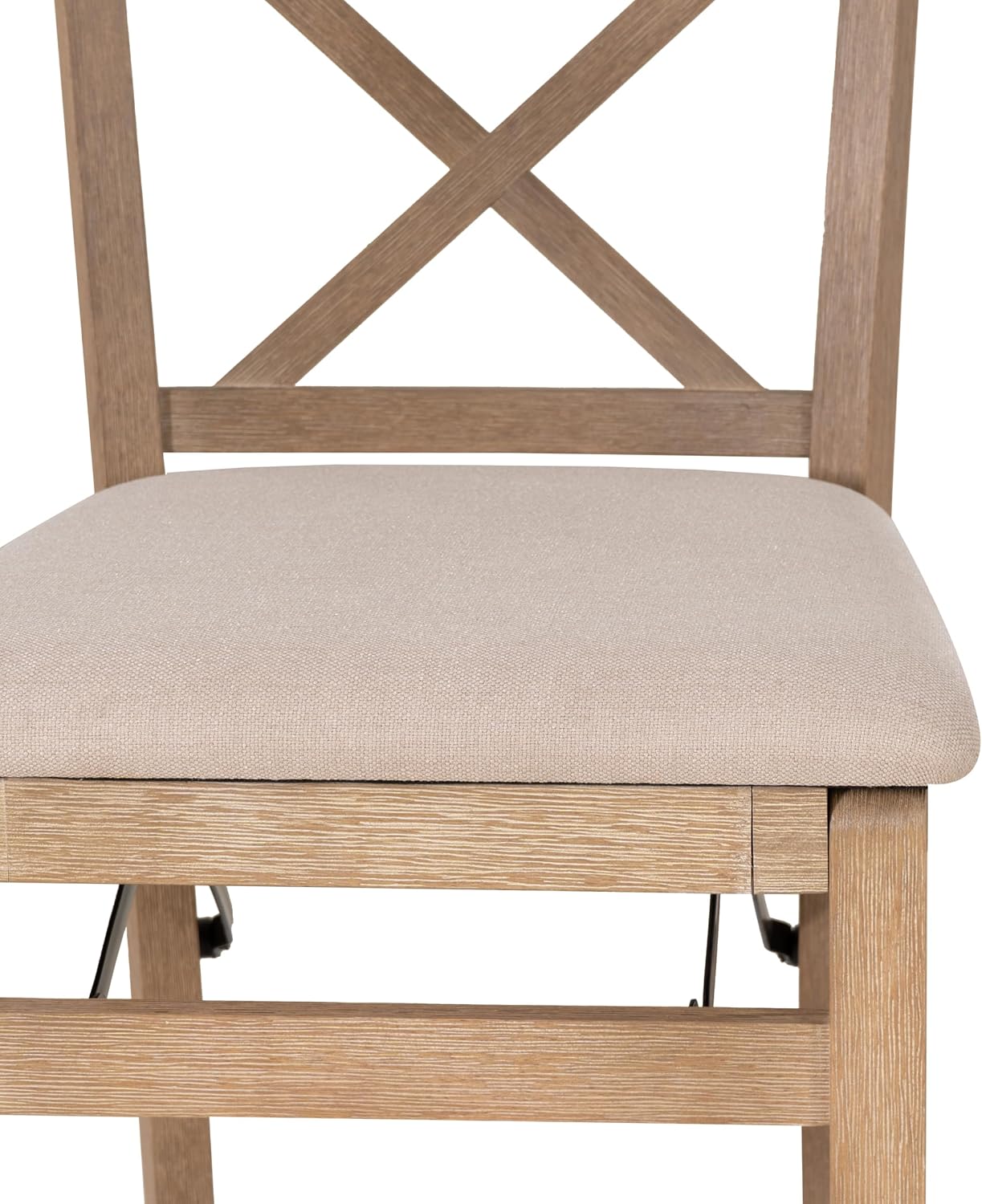 Linon Triena X Back Neutral Greywash Wooden Fully Assembled Folding 24 Inch Seat Height Counter Stool with Beige Upholstered Seat